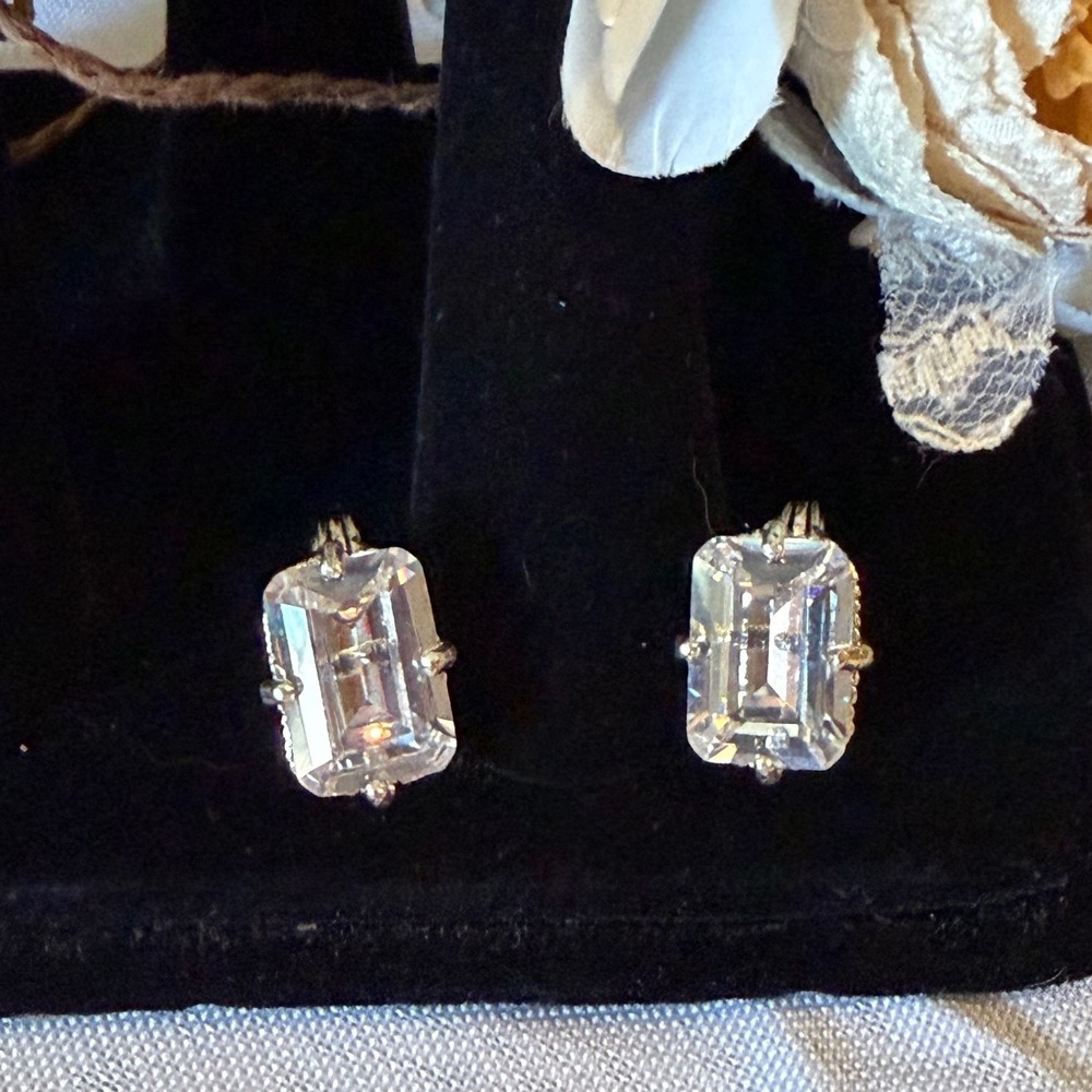 Vintage Monet Silver Tone Emerald Cut Clear Crystal Clip On Earrings Studs